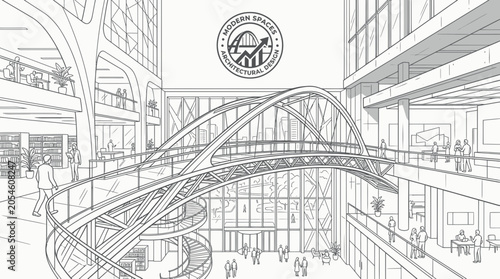 Canvastavla Modern building interior with curved pedestrian bridge and atrium