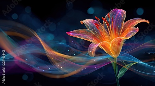 Translucent glowing lily with vibrant flowing ribbons against dark background