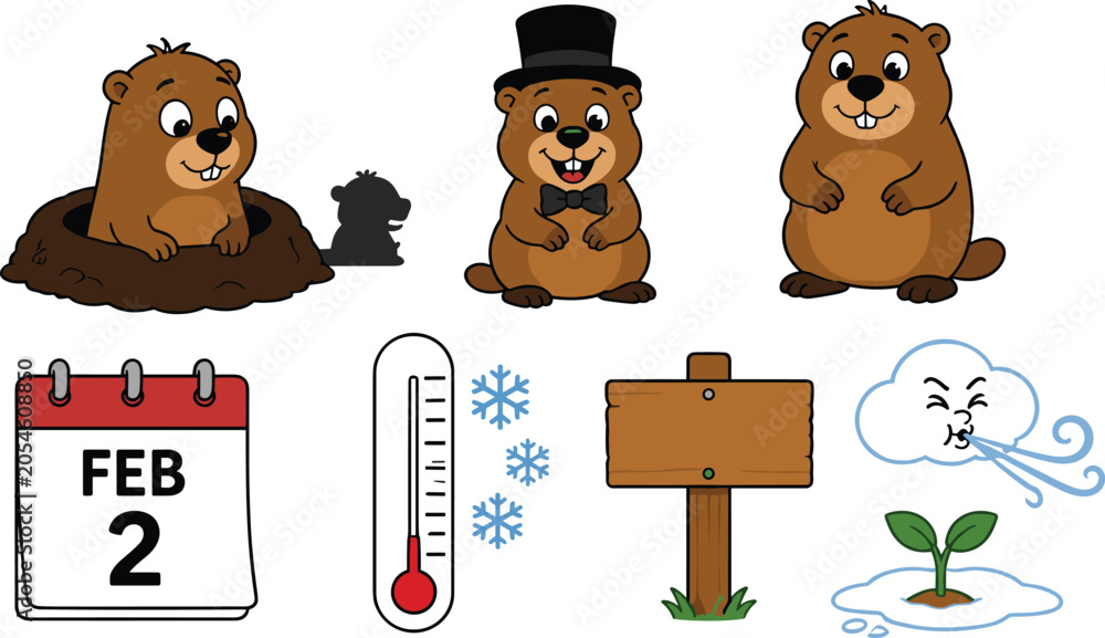 Fototapeta premium Cute Groundhog Day Cartoon Collection Featuring Groundhogs Weather Prediction Calendar Thermometer and Seasonal February Celebration Elements