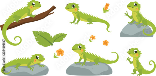 Cute Green Iguana Cartoon Collection Featuring Iguanas on Branches and Rocks with Tropical Leaves Flowers and Nature Elements Vector Illustration