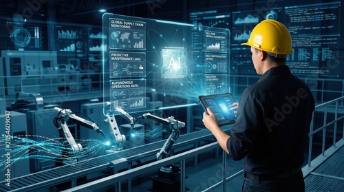 Engineer in yellow hard hat monitoring AI supply chain and predictive maintenance logs on holographic interface in smart factory, industrial automation concept.