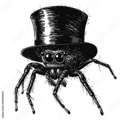 Illustration of a cute jumping spider wearing a top hat.
