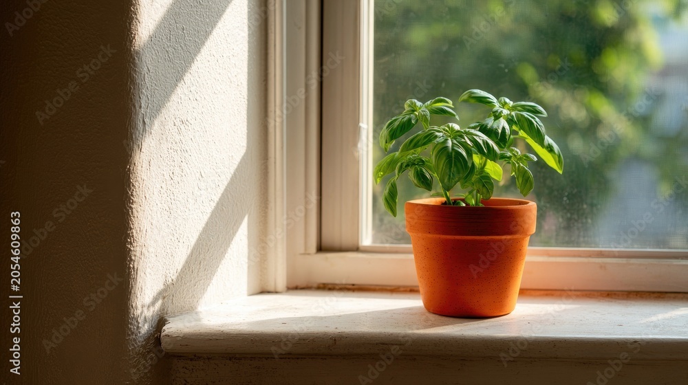 Fototapeta premium Sunlit windowsill with a small green plant in an orange pot