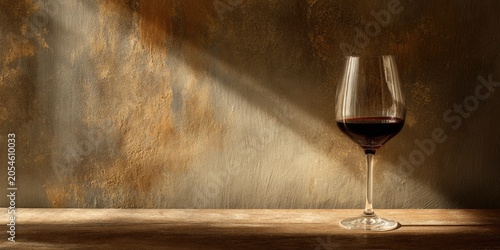 A single glass of dark red wine on a wooden surface against a textured wall