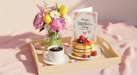 Pancakes topped with berries and syrup sit on a wooden breakfast tray next to a floral Mother's Day greeting card, a cup of coffee, and a bouquet of spring flowers on a soft pink textile surface.