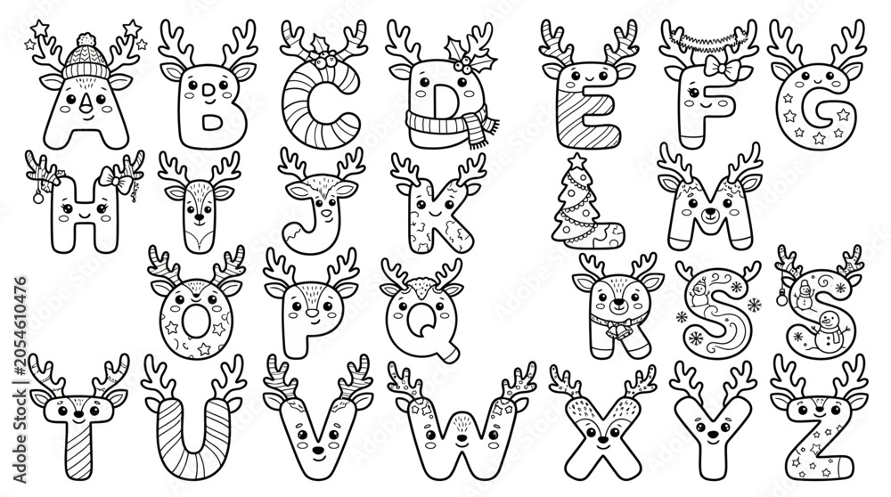 Obraz premium Christmas Alphabet Coloring Pages: Cute Reindeer Letters for Kids