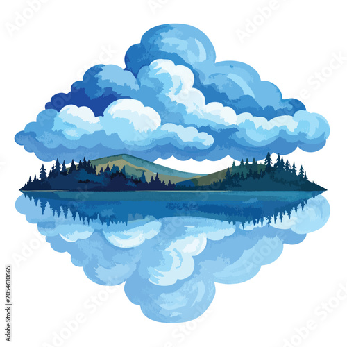 Stylized Illustration of a Mountain Lake Landscape with Cloud Reflection.