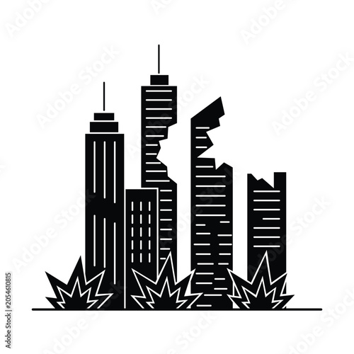 Foto Destroyed city buildings after war explosion.