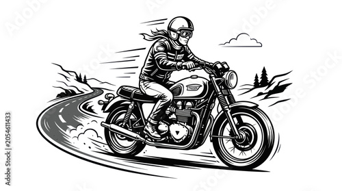 Vintage style biker riding a motorcycle through mountain curves