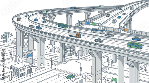 Bild auf Leinwand Complex elevated highway interchange with city traffic flow