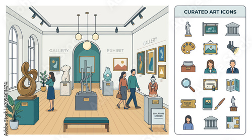 People exploring modern art gallery exhibition with curated icons