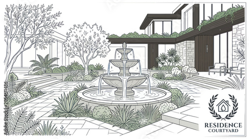 Foto Modern residence courtyard with central tiered fountain and garden