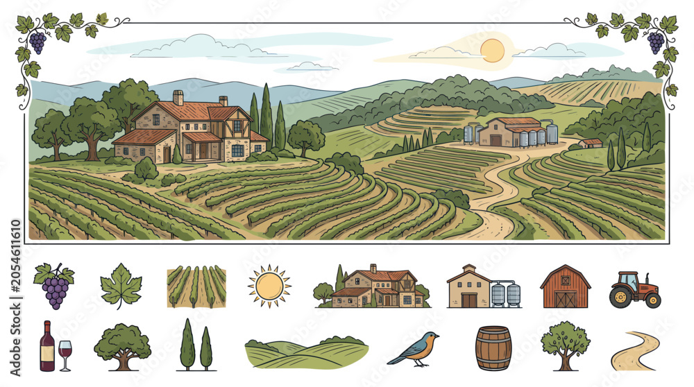 Fototapeta premium Vineyard landscape with winery and rustic farm icon collection
