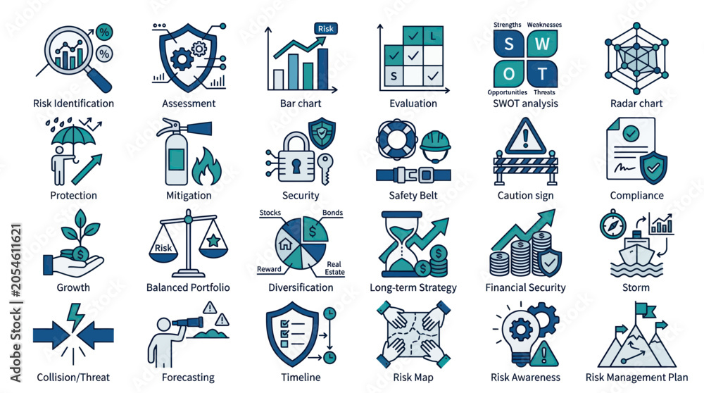 Fototapeta premium Risk management and business strategy financial icon set