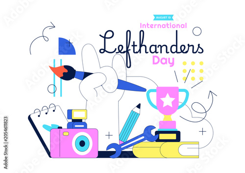 International Left Handers Day Illustration Featuring Left-Hand Creativity, Education Tools, Artistic Expression, and Writing Activities Concept