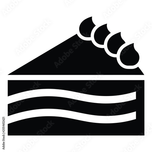 Blackandwhite illustration of a slice of cake with frosting on top isolated on transparent background icon