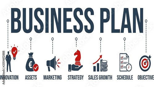 Business plan concept with innovation, assets, marketing strategy, growth schedule, and objectives illustration