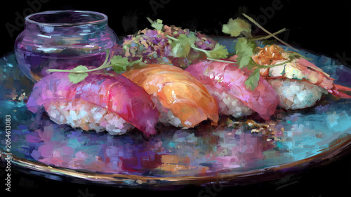 Cyberpunk neon sushi, painterly nigiri food art on an iridescent plate