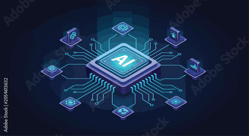 Artificial Intelligence processor unit, isometric AI microchip with glowing circuit board, futuristic digital brain technology vector illustration