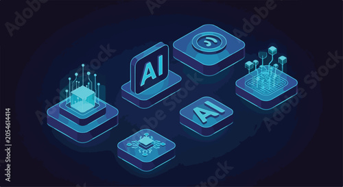 Isometric artificial intelligence icons set, neon blue AI technology symbols, futuristic digital processor and neural network vector elements