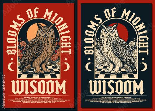Slika na platnu Vintage Woodcut Owl Poster Template Gothic Art Nouveau Design
