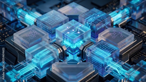 Futuristic quantum computer processor chips with glowing blue circuits, advanced technology concept, artificial intelligence hardware and digital data encryption system