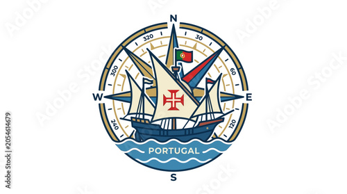 Canvastavla Portuguese Caravel Ship, Compass, Portugal Flag, Nautical Exploration