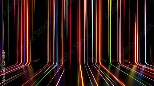 Abstract Cyberpunk glowing light trails reflection neon stripes background with perspective view 3D rendering.
