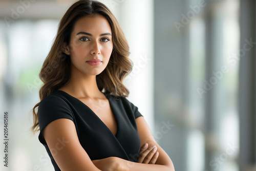A woman in a black dress is standing in front of a window