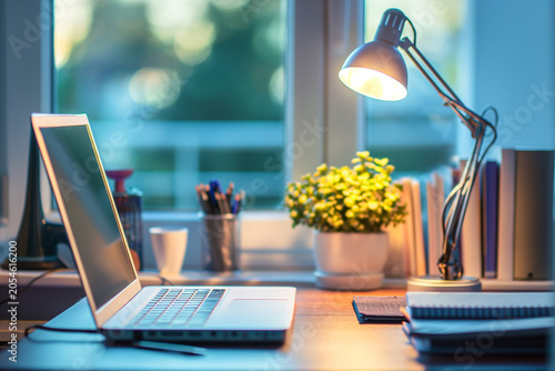 A laptop is on a desk with a lamp and a potted plant