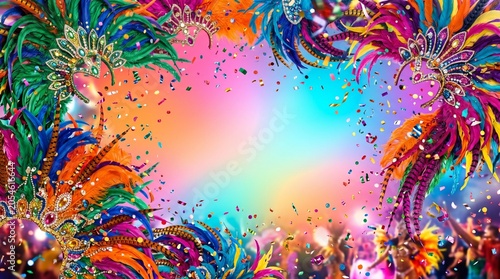 Karnaval Rio de Janeiro, colorful samba-inspired feather arrangement and confetti explosion on bright gradient background