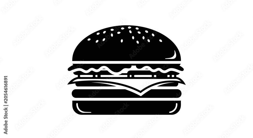 Fototapeta premium Hamburger icon illustrates a classic fast food meal with layers of patty and cheese presented as a bold graphic element for restaurant menus and food industry advertising projects.