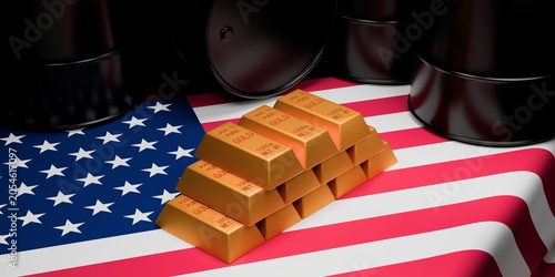3D render of gold bars on United States flag with oil barrels, investment, commodities and economic concept