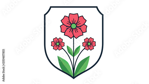Stylized crest with three red flowers and green leaves