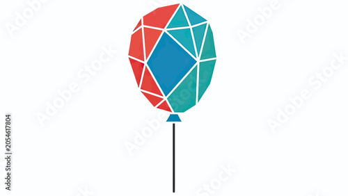 Geometric balloon with red, blue, and teal facets, on a thin string