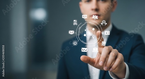 Businessman interacts with a digital interface featuring various communication icons while standing in a modern office environment during a professional workday to demonstrate advanced technology.