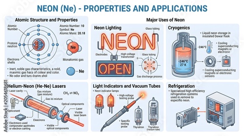 Neon (Ne) properties and applications infographic summarizing atomic structure, neon lighting, cryogenics, helium‑neon lasers, light indicators, vacuum tubes and refrigeration systems that depend on t