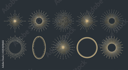Vintage sunburst collection with 10 golden starburst elements, retro radial light rays and sunbeam frames, elegant gold line art vector set