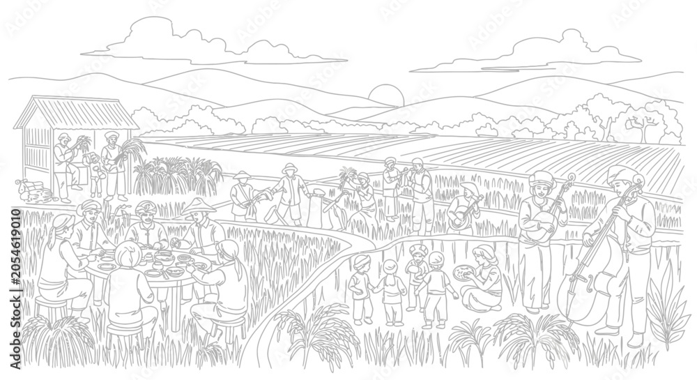 Obraz premium Community Gathering in Rural Rice Fields Coloring Page