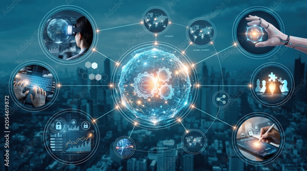Fototapeta premium Digital transformation and future technology concept, central glowing sphere with gears surrounded by virtual reality headset, robotic hand, cybersecurity lock, chess strategy