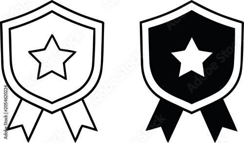 Konstfotografi Shield with star icon set line art and solid fill versions
