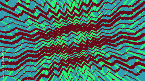 Abstract psychedelic background with radiating zigzag lines in teal, neon green, and pastel pink