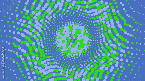 Abstract background with a swirling pattern of green and light blue dots creating a dynamic vortex effect