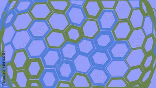 Abstract geometric pattern with distorted hexagonal shapes in blue and olive green