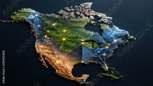 North America Map with Digital Network Connection Nodes for Global Logistics