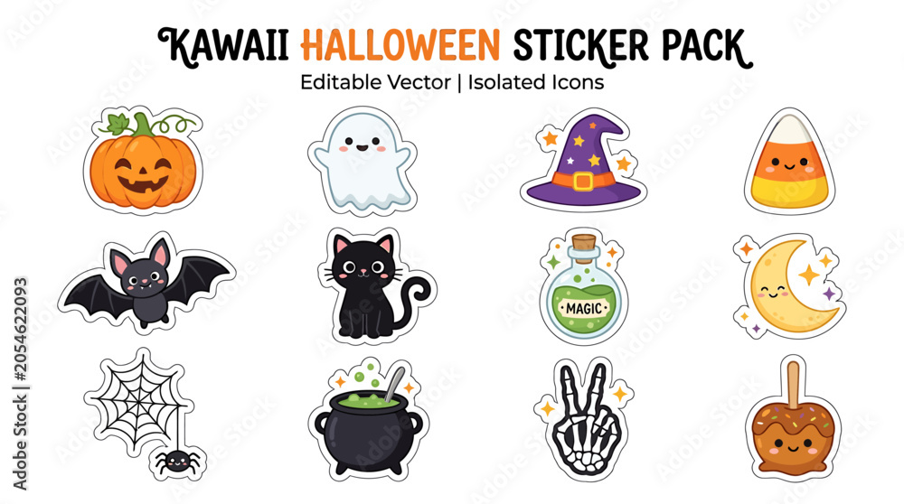 Fototapeta premium Cute Halloween vector stickers set with kawaii characters pumpkin ghost bat and witch hat