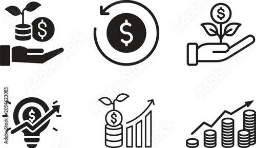 Investment icon set collection featuring finance growth wealth savings banking portfolio capital market strategy profit revenue budgeting analytics economy currency business development vector.