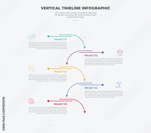 timeline vertical concept infographic outline style with 5 point template with simple curve arrow line pointer opposite direction vertical stack for slide presentation