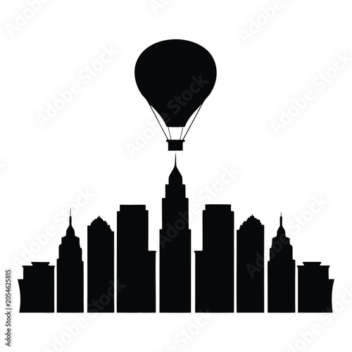 Hot air balloon over city skyline silhouette vector, icon, vector, vector art
