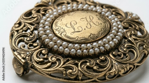 Ornate Vintage Gold Buckle with Pearl Embellishments and Monogram.